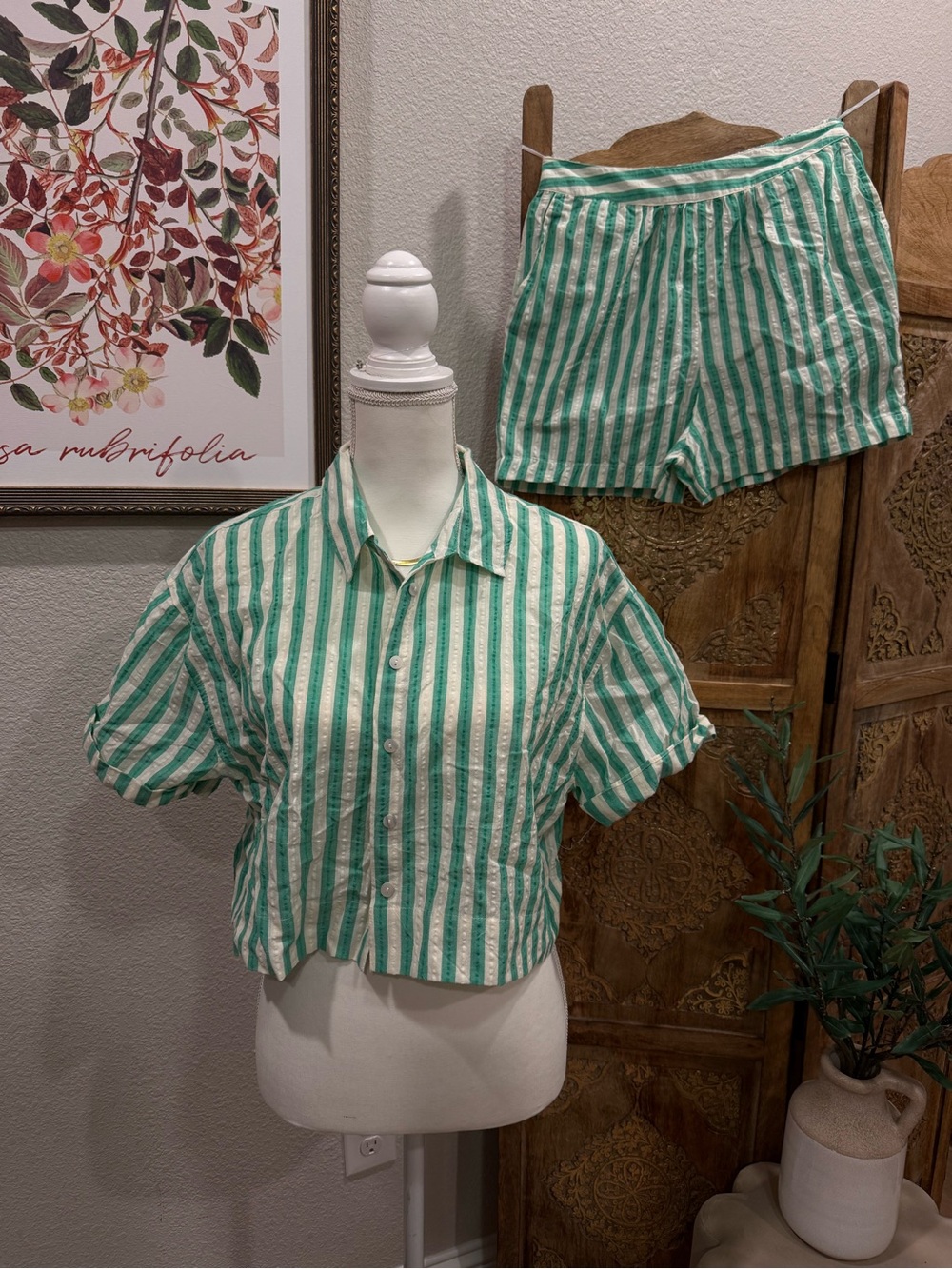 Japan Green and White Striped Two-Piece Set - Button Front Top + Shorts 0070